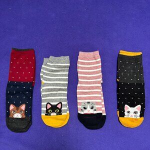 4 Pair Cat Socks Stripes Polka Dots New Womens Sz 7-9 Gray, Red, Pink Mid-Calf